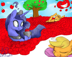 Size: 900x720 | Tagged: safe, artist:aquaticsun, character:applejack, character:princess luna, apple, dream, dream walker luna, kallisti, pile, swimming, that pony sure does love apples