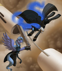 Size: 1178x1357 | Tagged: safe, artist:alipes, character:nightmare moon, character:princess luna, species:alicorn, species:pony, cloud strife, crossover, female, fight, final fantasy, final fantasy vii, hilarious in hindsight, mare, s1 luna, sephiroth, sword, weapon