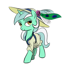 Size: 1051x932 | Tagged: safe, artist:plasters-ponies, artist:rubrony, character:lyra heartstrings, clothing, colored, dress, feather, female, flower, hat, solo