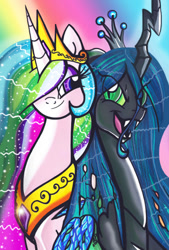 Size: 460x679 | Tagged: safe, artist:aurora-chiaro, character:princess celestia, character:queen chrysalis, traditional art