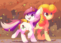 Size: 1024x718 | Tagged: safe, artist:sharmie, character:carrot top, character:golden harvest, character:roseluck, autumn, leaves, open mouth, smiling, tree, walking