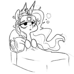 Size: 500x501 | Tagged: safe, artist:nohooves, character:princess celestia, bed, blanket, female, messy mane, monochrome, morning ponies, pillow, sketch, sleep mask, sleepy, solo, tired