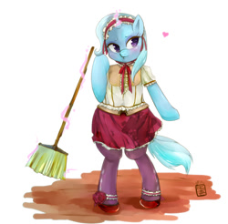 Size: 999x984 | Tagged: safe, artist:girlieginger, character:trixie, species:pony, bipedal, broom, clothing, female, heart, maid, solo