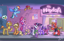 Size: 5100x3300 | Tagged: safe, artist:flavinbagel, character:applejack, character:babs seed, character:big mcintosh, character:carrot cake, character:cheerilee, character:dj pon-3, character:fluttershy, character:pinkie pie, character:rainbow dash, character:rarity, character:spike, character:twilight sparkle, character:twilight sparkle (alicorn), character:vinyl scratch, species:alicorn, species:pony, babscon, bouncer, cupcake, female, mane seven, mane six, mare, night, nightclub, pictogram, queue, string, voice actor joke