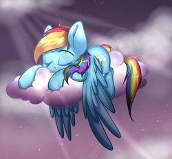 Size: 2700x2500 | Tagged: dead source, safe, artist:pastelflakes, character:rainbow dash, species:pegasus, species:pony, cloud, cloudy, crepuscular rays, female, night, obtrusive watermark, on a cloud, sleeping, solo, watermark