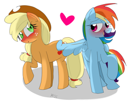 Size: 1200x1000 | Tagged: safe, artist:misspolycysticovary, character:applejack, character:rainbow dash, species:earth pony, species:pegasus, species:pony, ship:appledash, :o, bedroom eyes, blushing, butt touch, feathermarking, female, heart, lesbian, never doubt tchernobog's involvement, open mouth, raised hoof, shipping, smiling