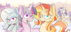 Size: 1500x680 | Tagged: safe, artist:miroslav46, character:rarity, character:spike, character:sunset shimmer, character:trixie, character:twilight sparkle, character:twilight sparkle (alicorn), species:alicorn, species:pony, species:unicorn, counterparts, duckface, magical trio, twilight's counterparts