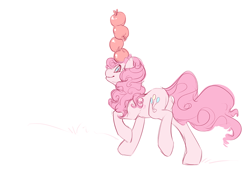 Size: 842x601 | Tagged: safe, artist:noel, character:pinkie pie, apple, balancing, female, pile, solo