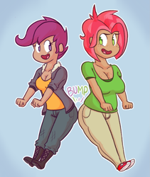 Size: 1159x1370 | Tagged: safe, artist:hamflo, character:babs seed, character:scootaloo, species:human, species:pegasus, species:pony, babscoot, butt bump, butt to butt, butt touch, chubby, humanized, older, scootababs