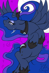Size: 2500x3750 | Tagged: safe, artist:aquaticsun, character:princess luna, crying, female, floppy ears, flying, frown, moon, night, sad, sky, solo, spread wings, wings