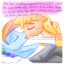 Size: 700x700 | Tagged: safe, artist:sketchyjackie, character:applejack, character:rainbow dash, ship:appledash, appleblitz (gay), appleblitz - fable, applejack (male), crying, doodle, fake death, gay, kissing, male, playing dead, rainbow blitz, rule 63, shipping