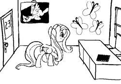 Size: 650x450 | Tagged: safe, artist:violetclm, character:fluttershy, oc, oc:dizzy pinwheel, species:pegasus, species:pony, cowboys and equestrians, cutie mark, desk, female, flying, hoofstuck, indoors, mad (tv series), mad magazine, mare, monochrome, parody, problem sleuth, solo, walking