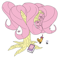 Size: 908x880 | Tagged: safe, artist:greenlinzerd, character:fluttershy, character:rarity, character:scootaloo, character:sweetie belle, species:chicken, species:pegasus, species:pony, butterfly, dendrification, dictionary, dictionary belle, fluttertree, inanimate tf, marshmallow, rarity is a marshmallow, scootachicken, simple background, species swap, transparent background, tree
