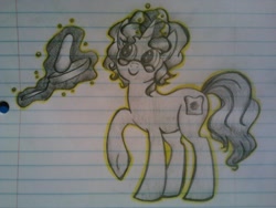Size: 600x450 | Tagged: safe, artist:zigragirl, oc, oc only, oc:burnt-toaster, species:pony, species:unicorn, cute, female, irc, lined paper, mare, monochrome, outline, pancakes, pencil drawing, solo, traditional art