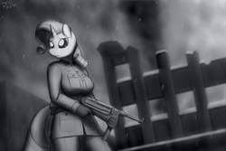 Size: 1920x1280 | Tagged: safe, artist:devs-iratvs, character:rarity, species:anthro, big breasts, breasts, busty rarity, clothing, female, grayscale, gun, monochrome, mp40, solo, submachinegun, uniform, weapon, wehrmacht