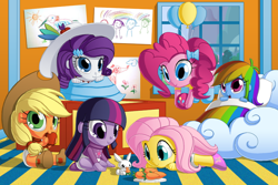 Size: 800x533 | Tagged: safe, artist:berrypawnch, character:angel bunny, character:applejack, character:fluttershy, character:pinkie pie, character:rainbow dash, character:rarity, character:twilight sparkle, my little pony:equestria girls, apple, babity, baby, baby dash, baby pie, babyjack, babylight sparkle, babyshy, ball, bed, berrypawnch is trying to murder us, carrot, clothing, cute, dashabetes, diaper, diapinkes, eating, floating, foal, hat, herbivore, jackabetes, looking at you, mane six, nom, raribetes, shyabetes, sitting, smiling, twiabetes, weapons-grade cute, younger
