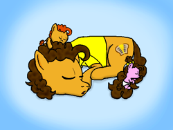 Size: 600x450 | Tagged: safe, artist:crazynutbob, character:cheese sandwich, oc, oc:fudge fondue, oc:pizza pockets, parent:cheese sandwich, parent:pinkie pie, parents:cheesepie, species:pony, colt, cute, filly, foal, male, offspring, sleep pile, sleeping
