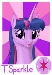 Size: 1119x1600 | Tagged: safe, artist:vasillium, character:twilight sparkle, character:twilight sparkle (unicorn), species:pony, species:unicorn, bust, cute, cutie mark, female, looking at you, open mouth, portrait, smiling, solo, sunburst background