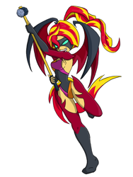 Size: 900x1200 | Tagged: safe, artist:wryte, character:sunset shimmer, my little pony:equestria girls, alternate hairstyle, bat wings, clothing, costume, cute little fangs, female, leotard, mask, ponytail, request, sledgehammer, solo, superhero, tailed humanization, winged humanization