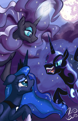 Size: 800x1236 | Tagged: safe, artist:flavinbagel, character:nightmare moon, character:nightmare rarity, character:princess luna, character:rarity, species:alicorn, species:pony, species:unicorn, crying, duality, fangs, female, mare, mare in the moon, moon, multeity, smiling, square crossover, three wolf moon