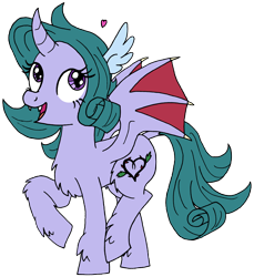 Size: 2740x2997 | Tagged: safe, artist:greenlinzerd, oc, oc only, oc:bramble patch, parent:rarity, parent:spike, parents:sparity, species:alicorn, species:dracony, species:pony, alicorn oc, curved horn, fluffy, heart, hybrid, interspecies offspring, offspring, simple background, solo, transparent background