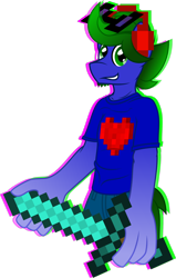 Size: 1280x2008 | Tagged: safe, artist:gray-gold, oc, oc only, oc:stormcloud, species:anthro, anthro oc, clothing, crossover, diamond sword, glitch, heart, minecraft, pants, pixel art, shirt, simple background, smiling, solo, sword, transparent background, vector, weapon