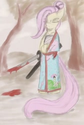 Size: 736x1086 | Tagged: safe, artist:magello, character:fluttershy, species:pony, bipedal, blood, clothing, eyes closed, female, flutterbadass, kimono (clothing), ronin, samurai, solo, sword, traditional art, weapon