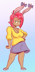 Size: 831x1673 | Tagged: safe, artist:hamflo, character:babs seed, species:human, babs bunny, cleavage, clothing, cosplay, female, freckles, humanized, pun, skirt, solo, tiny toon adventures, visual gag