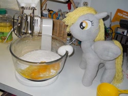 Size: 600x450 | Tagged: safe, artist:eratosofcyrene, character:derpy hooves, species:pegasus, species:pony, egg (food), female, food, irl, mare, mixer, photo, plush derpy, plushie