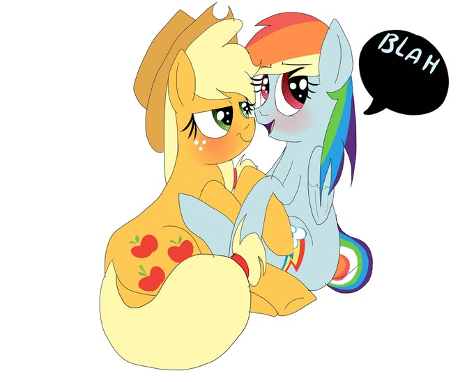 Size: 670x536 | Tagged: safe, artist:misspolycysticovary, character:applejack, character:rainbow dash, ship:appledash, ..., animated, bedroom eyes, blushing, covering, cuddling, cute, dashabetes, dialogue, embarrassed, eye contact, eyes closed, facehoof, female, heart, kissing, lesbian, on side, open mouth, pictogram, question mark, shipping, smiling, snuggling, surprise kiss, surprised, tail wag, wide eyes