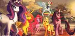 Size: 1140x557 | Tagged: safe, artist:hinoraito, character:applejack, character:fluttershy, character:pinkie pie, character:rainbow dash, character:rarity, character:twilight sparkle, character:twilight sparkle (unicorn), species:alicorn, species:pony, species:unicorn, g4, color porn, everything is context, eyestrain warning, female, fluttercorn, jewelry, mane six, mare, race swap, rainbowcorn, scenery, this will end in chaos, tiara, unicorn applejack, unicorn pinkie pie, why