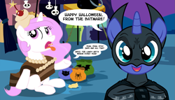Size: 1225x700 | Tagged: safe, artist:sketchyjackie, character:princess celestia, character:princess luna, batman, batmare, cake, cakelestia, cewestia, clothing, costume, cute, dc comics, filly, halloween, my little filly, nightmare night, woona, younger