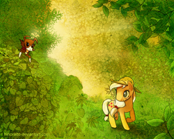 Size: 1000x800 | Tagged: safe, artist:hinoraito, character:applejack, character:winona, species:earth pony, species:pony, g4, clothing, colored pupils, female, hat, leaves, mare