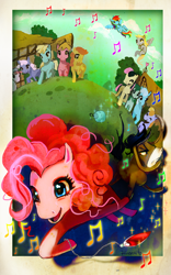 Size: 600x959 | Tagged: safe, artist:hinoraito, character:bon bon, character:carrot top, character:cranky doodle donkey, character:derpy hooves, character:golden harvest, character:lyra heartstrings, character:pinkie pie, character:rainbow dash, character:sweetie drops, species:donkey, species:earth pony, species:pegasus, species:pony, species:unicorn, female, male, mare, music notes, ponyville