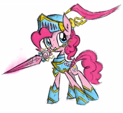 Size: 3200x2944 | Tagged: safe, artist:errorpony, artist:sharmie, character:pinkie pie, armor, cute, diapinkes, fantasy class, female, helmet, knight, mouth hold, solo, sword, warrior, weapon