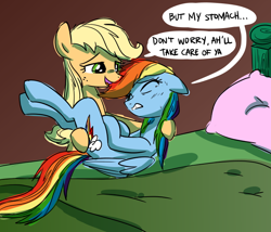 Size: 700x600 | Tagged: safe, artist:sketchyjackie, character:applejack, character:rainbow dash, species:pony, ship:appledash, bed, bridal carry, carrying, comforting, female, holding a pony, lesbian, shipping, sick, stomach ache