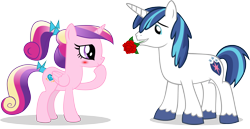 Size: 5000x2589 | Tagged: safe, artist:masamunya, artist:northernthestar, character:princess cadance, character:shining armor, species:pony, ship:shiningcadance, blushing, female, flower, flower in mouth, high res, male, mouth hold, rose, rose in mouth, shipping, simple background, straight, teen princess cadance, transparent background, vector, younger