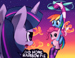 Size: 1035x800 | Tagged: safe, artist:negativefox, character:pinkie pie, character:rainbow dash, character:twilight sparkle, ship:pinkiedash, dialogue, female, helicopter, lesbian, shipping