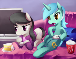 Size: 1200x927 | Tagged: safe, artist:negativefox, character:lyra heartstrings, character:octavia melody, cake, controller, octavia is not amused, octyra, soda, unamused, video game
