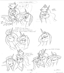 Size: 1271x1440 | Tagged: safe, artist:zicygomar, character:princess cadance, character:princess celestia, character:princess luna, species:chicken, species:pony, clothing, comic, frying pan, hat, monochrome, scootachicken, serious business, serious hat, sillestia, silly, silly pony, sombrero, traditional art