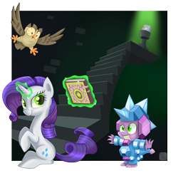 Size: 900x900 | Tagged: safe, artist:swanlullaby, character:owlowiscious, character:rarity, character:spike, episode:inspiration manifestation, g4, my little pony: friendship is magic, armor, crystal armor, inspirarity, inspiration manifestation book