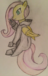 Size: 574x900 | Tagged: safe, artist:rayodragon, character:fluttershy, black coat, female, kingdom hearts, nobody, solo, traditional art