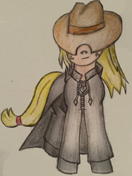 Size: 674x900 | Tagged: safe, artist:rayodragon, character:applejack, black coat, clothing, colored pencil drawing, female, hat, kingdom hearts, nobody, solo, traditional art
