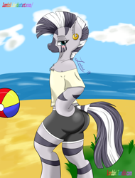 Size: 1900x2500 | Tagged: safe, artist:lordzid, character:zecora, species:anthro, species:zebra, ass, beach, bipedal, female, semi-anthro, solo, the ass was fat, zecorass