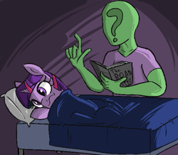 Size: 543x474 | Tagged: safe, artist:nohooves, character:twilight sparkle, oc, oc:anon, species:human, species:pony, bed, bedtime story, book, female, lying on bed, mare, reading, the road