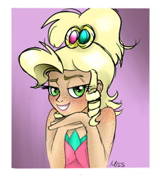 Size: 1280x1402 | Tagged: safe, artist:misspolycysticovary, character:applejack, species:human, applejewel, bare shoulders, female, freckles, humanized, sleeveless, solo, strapless