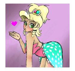 Size: 1280x1219 | Tagged: safe, artist:misspolycysticovary, character:applejack, species:human, applejewel, bare shoulders, blowing a kiss, female, freckles, heart, humanized, sleeveless, solo, strapless