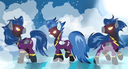 Size: 5208x2827 | Tagged: safe, artist:joemasterpencil, character:descent, character:nightshade, species:pegasus, species:pony, clothing, costume, fog, glowing eyes, goggles, shadowbolts, shadowbolts (nightmare moon's minions), shadowbolts costume