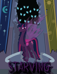 Size: 1440x1872 | Tagged: safe, artist:dr-whiskey, character:twilight sparkle, species:changeling, fanfic:starving, castle of the royal pony sisters, changeling queen, changelingified, commission, fanfic, fanfic art, fanfic cover, glowing eyes, implied changeling, one word, purple changeling, queen twilight, starving, tyrant sparkle, vector