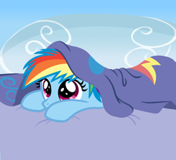 Size: 600x544 | Tagged: safe, artist:sketchyjackie, character:rainbow dash, bed, blanket, cute, dashabetes, female, filly, filly rainbow dash, hnnng, image macro, lazy, looking up, meme, my little filly, peeking, prone, solo, younger